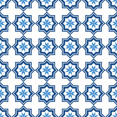 Vector seamless ornamental geometric pattern - blue and white tile texture. Vector repeatable background