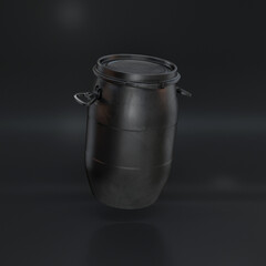 Plastic barrel black floating on a black background, 3d render