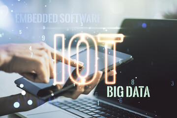 Creative IOT concept with finger clicks on a digital tablet on background. Multiexposure