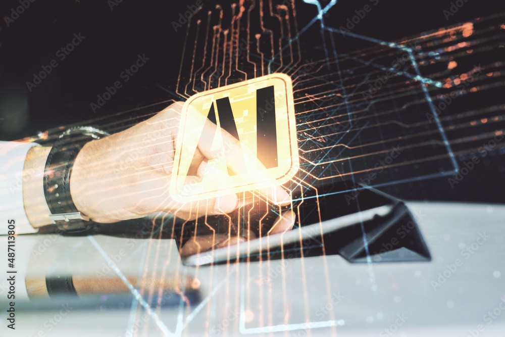 Poster double exposure of creative artificial intelligence icon with finger clicks on a digital tablet on b