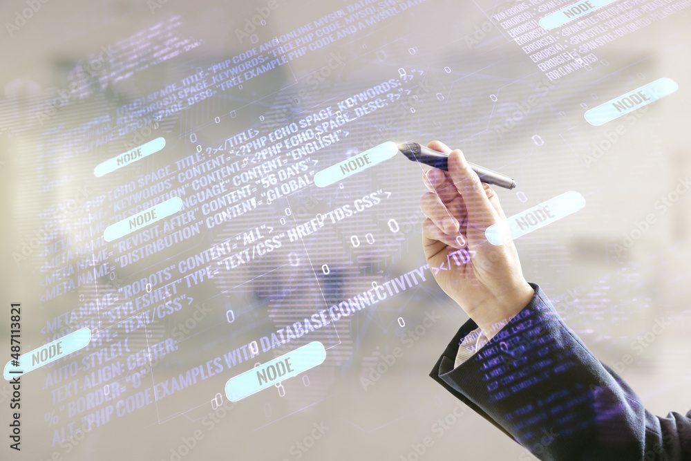 Poster multi exposure of developer's hand with pen working with abstract software development hologram and 