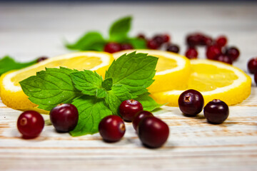 Lemon slices, mint and cranberries