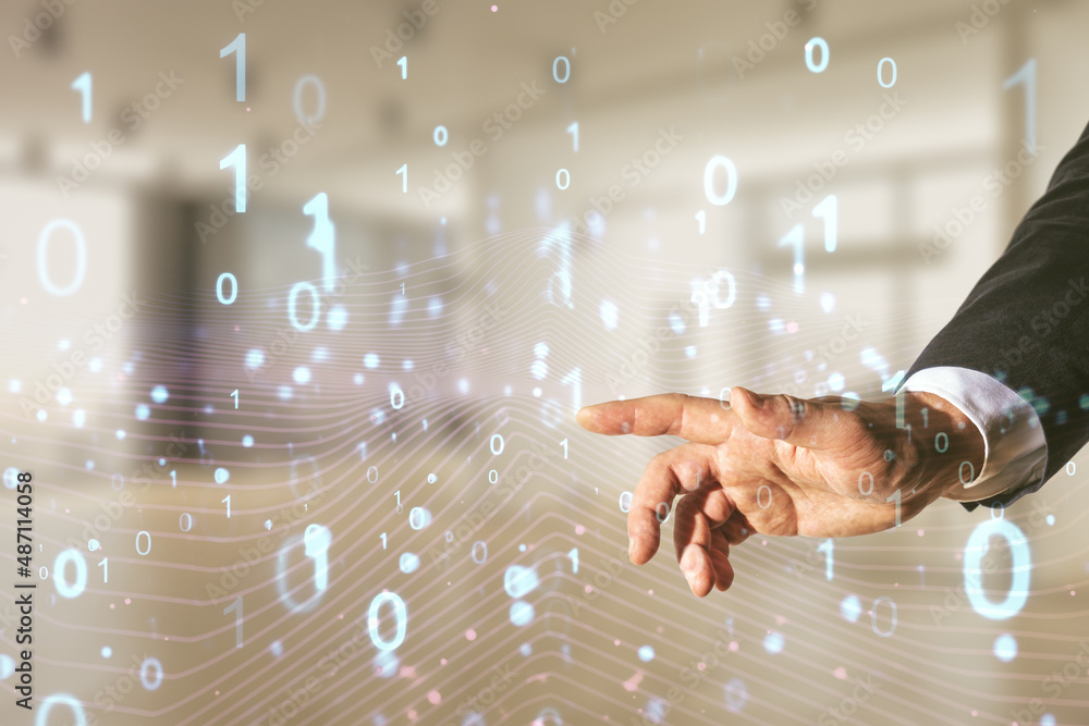 Aufkleber man hand clicks on abstract virtual binary code hologram on blurred office background, ai and machin