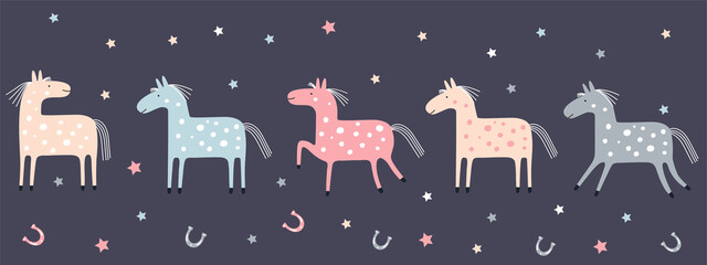 Vector border with cute pastel horses isolated on a black background. Pony set for kids. 