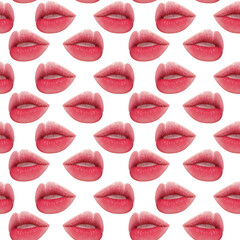 Illustration realism seamless pattern female lips of pink color on a white isolated background. High quality illustration