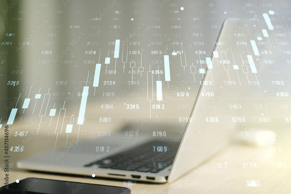 Poster multi exposure of stats data illustration on modern laptop background, computing and analytics conce