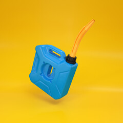 Fuel canister, blue floating on a yellow background, 3d render