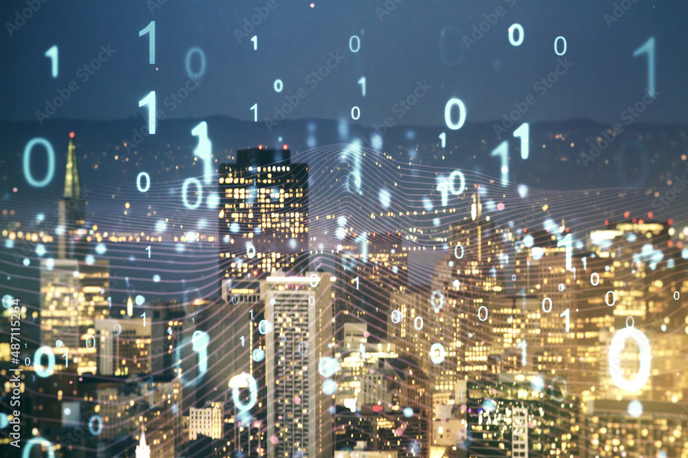 Poster abstract virtual binary code hologram on san francisco cityscape background, ai and machine learning