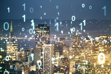 Obraz premium Abstract virtual binary code hologram on San Francisco cityscape background, AI and machine learning concept. Multiexposure
