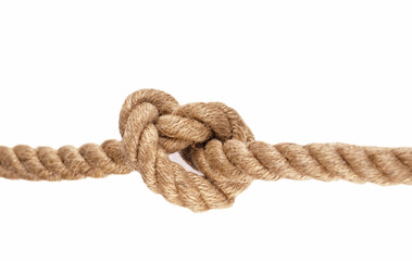 Knot on Wood. Rope with Reef Knot isolated on the white Background