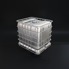 IBC container for liquids of silver color floating on a black background, 3d render