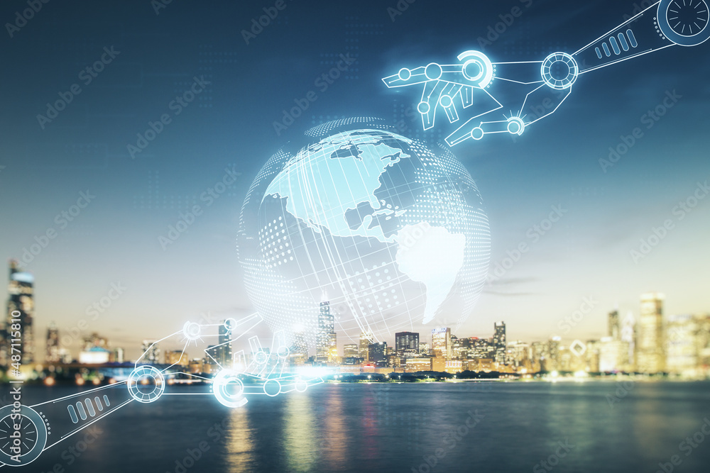 Aufkleber double exposure of abstract virtual robotics technology with world map hologram on chicago city skys