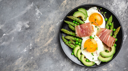 Breakfast table with fried egg with asparagus spears and prosciutto. ketogenic diet lunch....