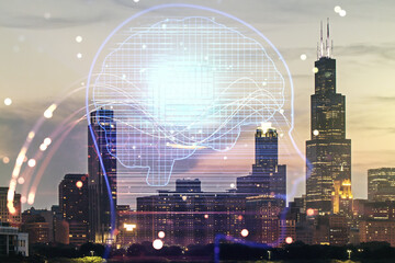 Double exposure of creative human head microcircuit hologram on Chicago office buildings...