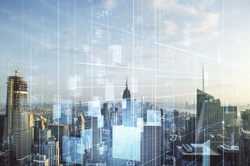 Double exposure of abstract virtual statistics data hologram on New York city skyscrapers background, statistics and analytics concept