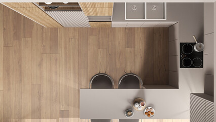 Cozy beige and wooden kitchen in modern apartment, dining table, chairs. Sink, induction hob with pot, breakfast with cookies and cappuccino. Top view, plan, above, interior design