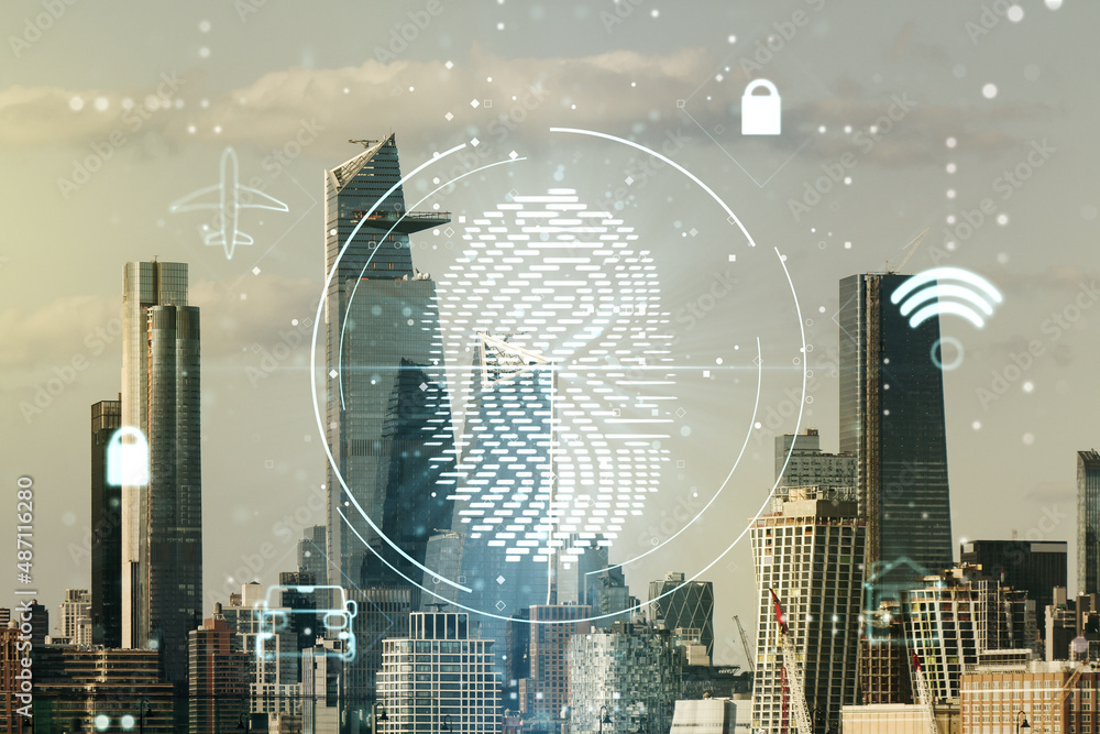 Poster Multi exposure of virtual fingerprint scan interface on Manhattan office buildings background, digital access concept