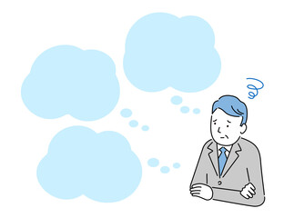 こんなお悩みありませんか？のイラスト（中年ビジネスマン）、吹き出し付き、ベクター