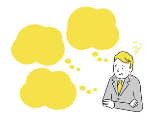 こんなお悩みありませんか？のイラスト（中年ビジネスマン）、吹き出し付き、ベクター