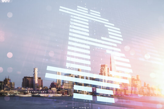 Virtual Bitcoin sketch on New York cityscape background. Double exposure