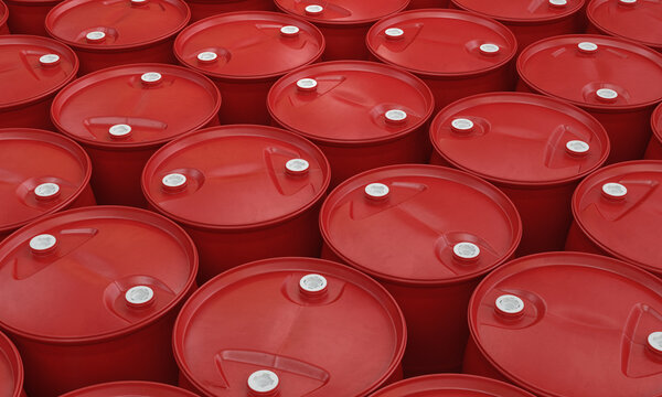 Plastic barrels stack of red color, 3d render