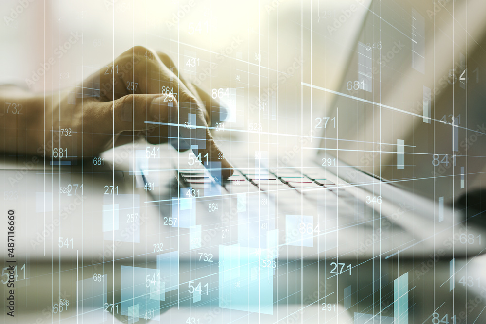 Poster multi exposure of abstract graphic data spreadsheet sketch with hands typing on computer keyboard on