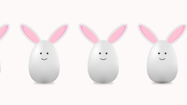 Stop motion animation A lot of easter eggs in the form of hares with happy smiles move along the line from left to right on a pink background. Seamless video