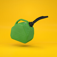 Gas can green floating in the air on a yellow background, 3d render