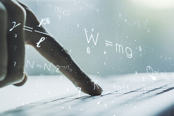 Creative scientific formula illustration with hands typing on computer keyboard on background, science and research concept. Multiexposure