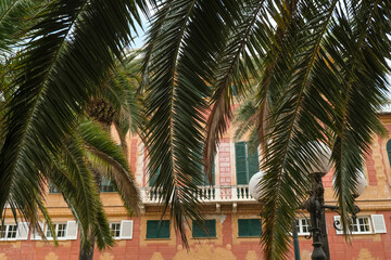 Fototapeta na wymiar palm tree leaves and branches across of orange and red hotel building with green shutters across sky. Summer vacation mood, background. Mediterranean hotel 