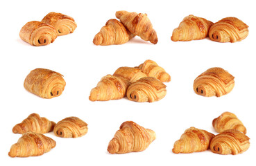 Set of french croissants and croissants with chocolate - petit pain au chocolat isolated on white...