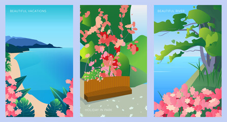 Collection of river and ocean spring landscape with flowers in park for banner, web site, social media. Editable vector illustration