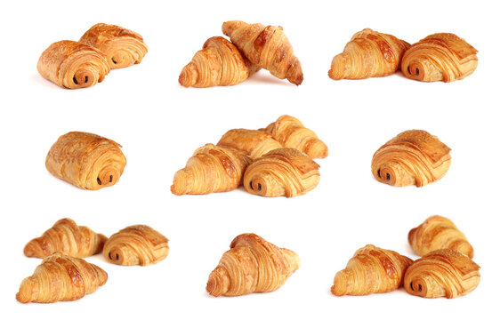 Set of french croissants and croissants with chocolate - petit pain au chocolat isolated on white background. Viennoiserie.