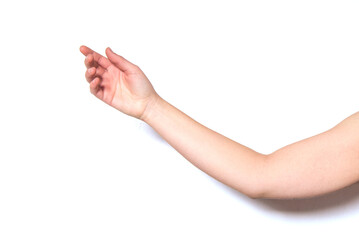Un brazo de una mujer con la palma de la mano abierta sobre fondo blanco. - obrazy, fototapety, plakaty