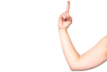 Un brazo de una mujer haciendo el gesto con la mano del número uno. Mano femenina señalando hacia...