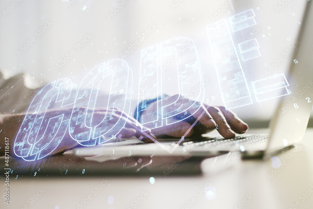 Poster creative code word hologram and hands typing on computer keyboard on background, artificial intellig