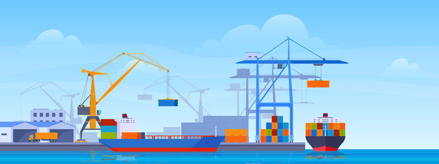 Sea port horizontal banner vector flat industrial cargo ships and containers work with crane - obrazy, fototapety, plakaty
