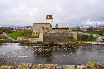 Narva fortress. View from the Ivangorod fortress wall to Narva and the bridge. fortress courtyard
