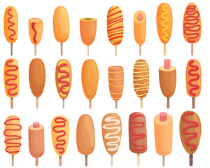 Corn dog icons set cartoon vector. American carnival. Chili dish