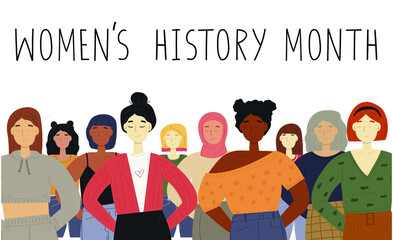 Women's History Month concept. A group of women of different race. Celebrated annualy in march.