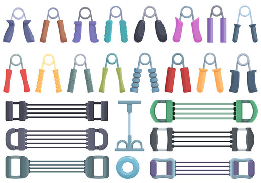 Espander icons set cartoon vector. Activity band. Arm iron