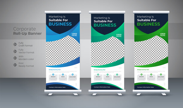 Creative business agency stands roll up banner design template layout, for exhibition with Three colors. abstract background, vertical, x-banner, display, rectangle size.editable vector template