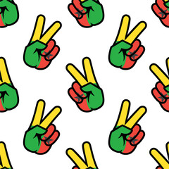 Fototapeta premium Guinea-Bissau flag in the form of a peace sign. Seamless background. Gesture V victory sign, patriotic sign, icon for apps, websites, T-shirts, souvenirs, etc., isolated on white background