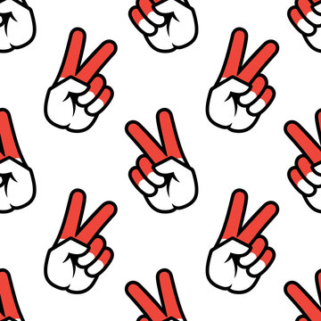 Indonesia flag in the form of a peace sign. Seamless background. Gesture V victory sign, patriotic sign, icon for apps, websites, T-shirts, souvenirs, etc., isolated on white background