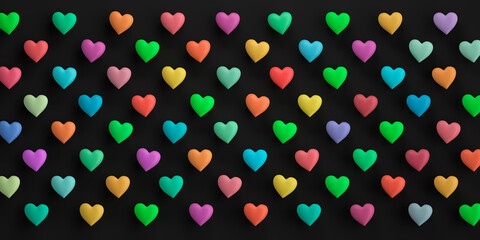 Pattern made of colored hearts on dark background - 3D illustration