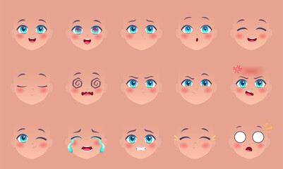 Anime faces. Manga eyes nose and lips funny expressions cartoon kawaii comic faces characters exact vector creation kit