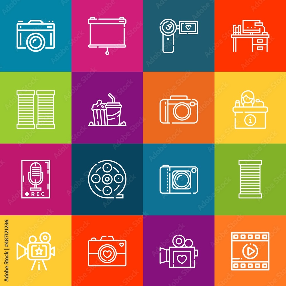 Poster modern thin line icons set of reel elements. premium quality outline symbol collection. simple mono 