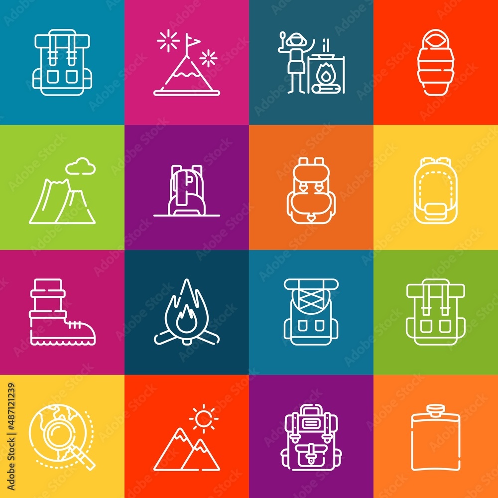 Poster Modern thin line icons set of hiking elements. Premium quality outline symbol collection. Simple mono linear pictogram pack. Stroke vector logo concept for web graphics