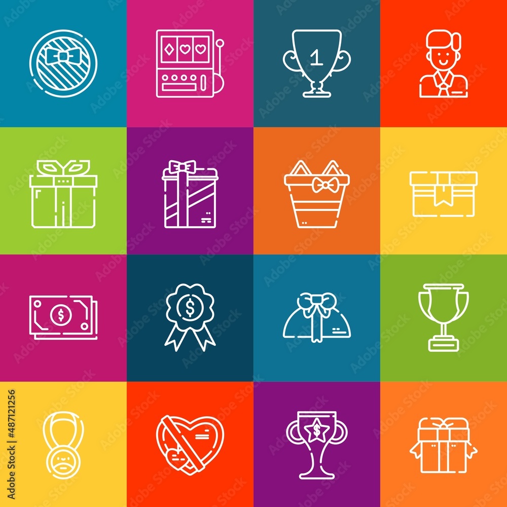 Poster modern thin line icons set of prize elements. premium quality outline symbol collection. simple mono