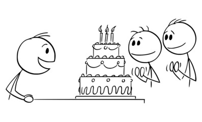 Person Enjoying Birthday Celebration and Cake , Vector Cartoon Stick Figure Illustration